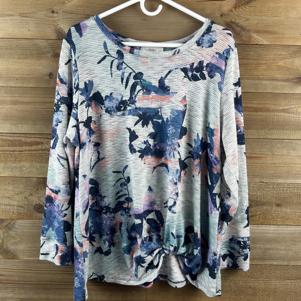 CJ Banks Womens Shirt Long Sleeve Twist Front Round Neck Floral Mesh Size 1X